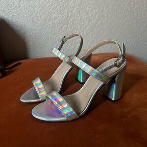 bp Holographic Silver Block Heel Sandals